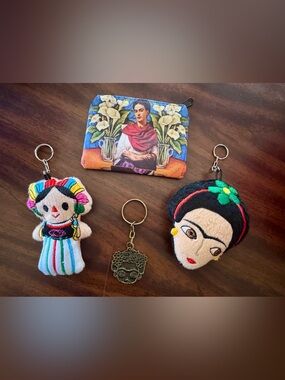 Frida Kahlo Coin Pouch & Keychains Set - Colorful Artisan Accessories. NWOT